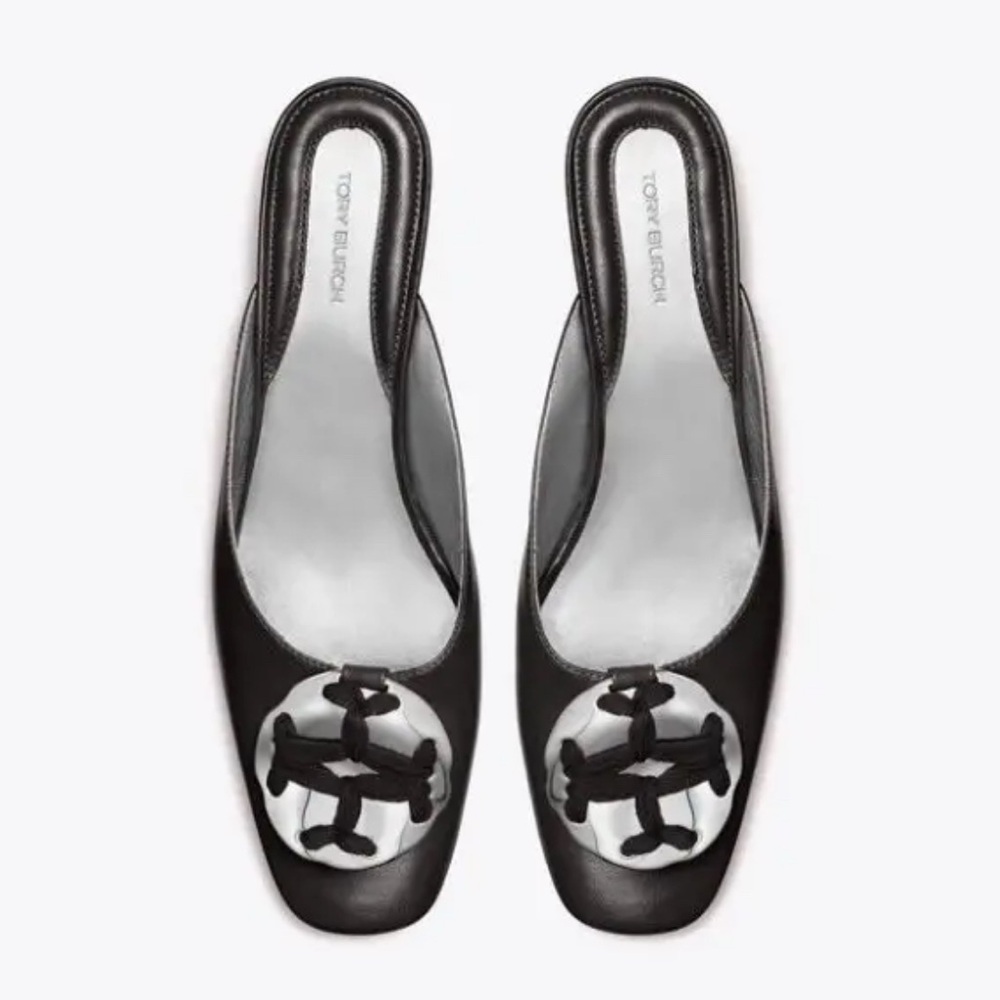Tory Burch Black Silver Size 7.5 Women's Shoes Mules Slides w Kitten Heel